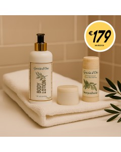 Tris speciale per l'accoglienza Crema corpo + Supporto flacone + Crema Goccia d'oro