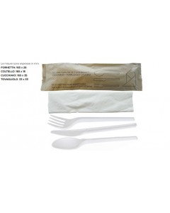 Tris posate in pla cristallizzato forchetta + coltello + cucchiaio + tovagliolo 2 veli pz.250